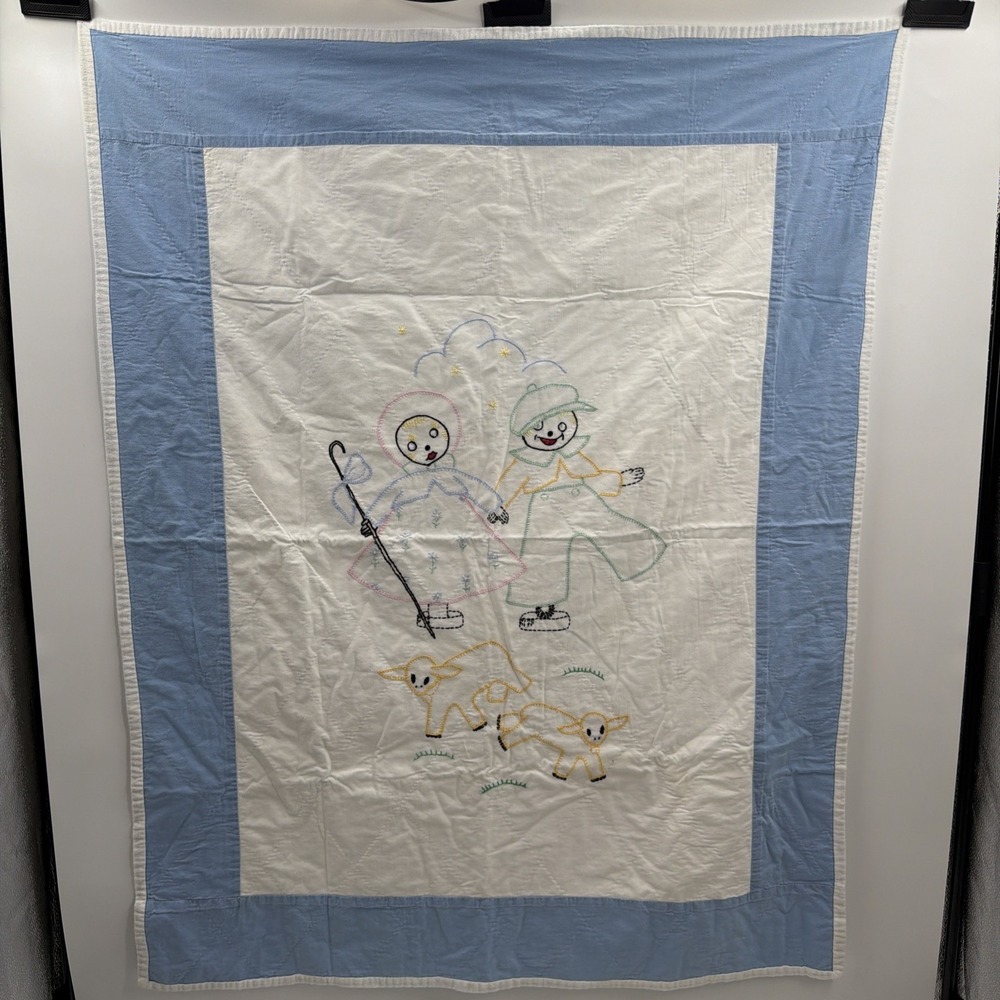 VTG  Hand-Stitched Child Blanket Blue Boy Girl Sheep Floral 38x48"‎ Mid Century